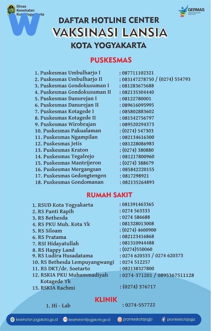 Daftar Hotline Center Vaksinasi Lansia Kota Yogyakarta